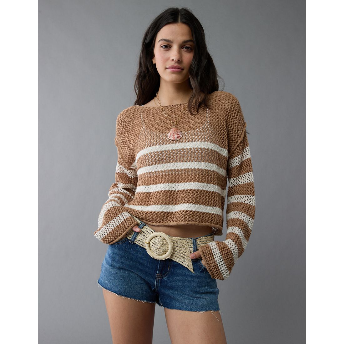 AE Off The Shoulder Crochet Sweater
