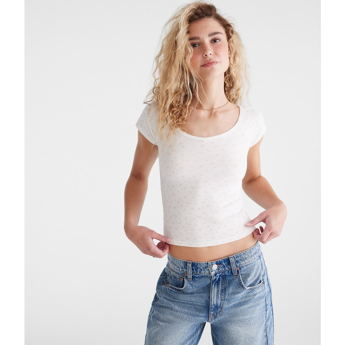 Aeropostale Womens' Seriously Soft Floral Cropped V-Neck Tee
