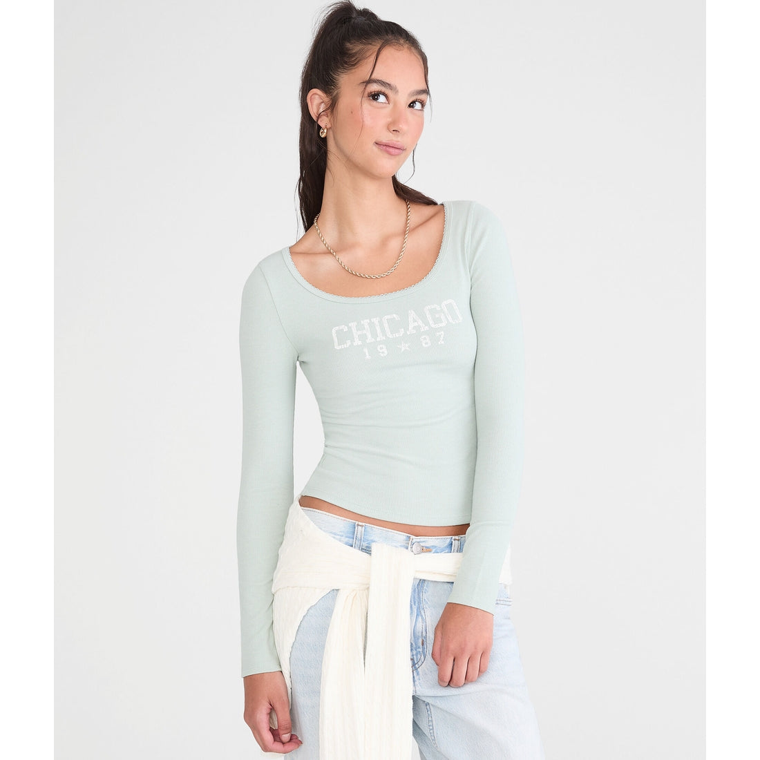 Aeropostale Womens' Long Sleeve Seriously Soft Chicago 1987 Graphic Tee