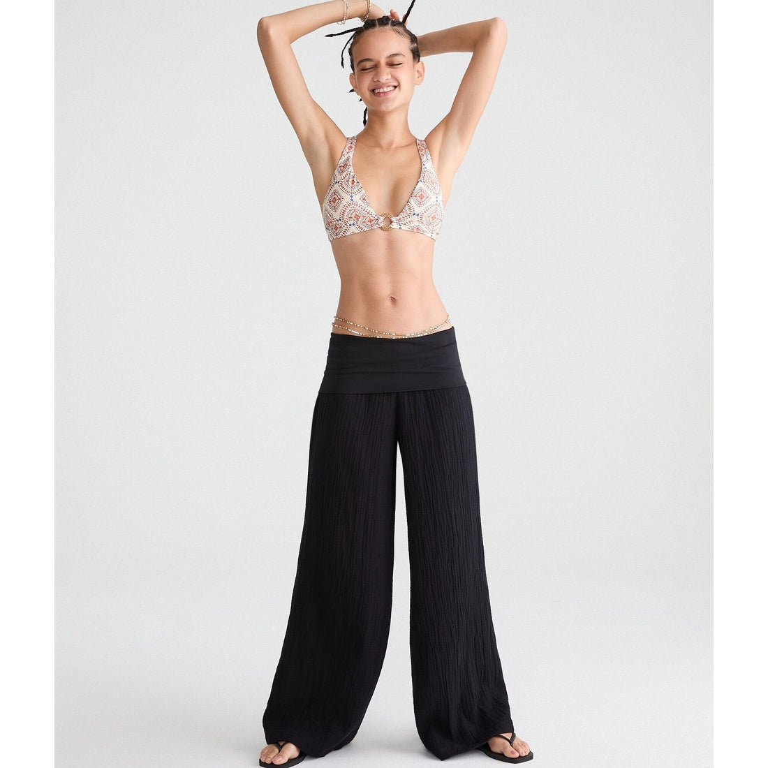 Low-Rise Gauze Fold-Over Wide Leg Pants