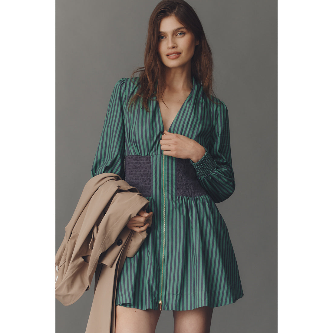 The Tommie Long-Sleeve Smocked Front-Zip Mini Shirt Dress by Anthropologie