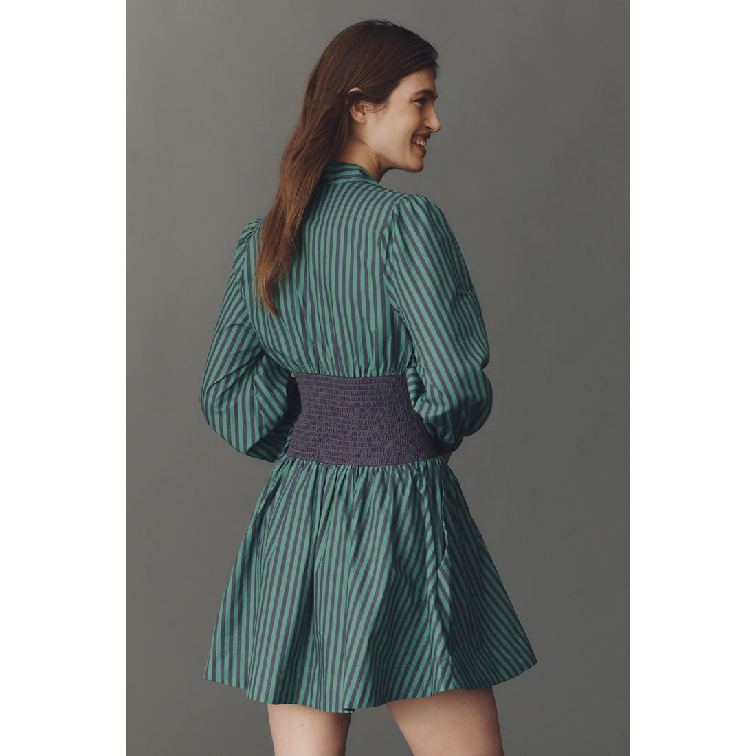The Tommie Long-Sleeve Smocked Front-Zip Mini Shirt Dress by Anthropologie