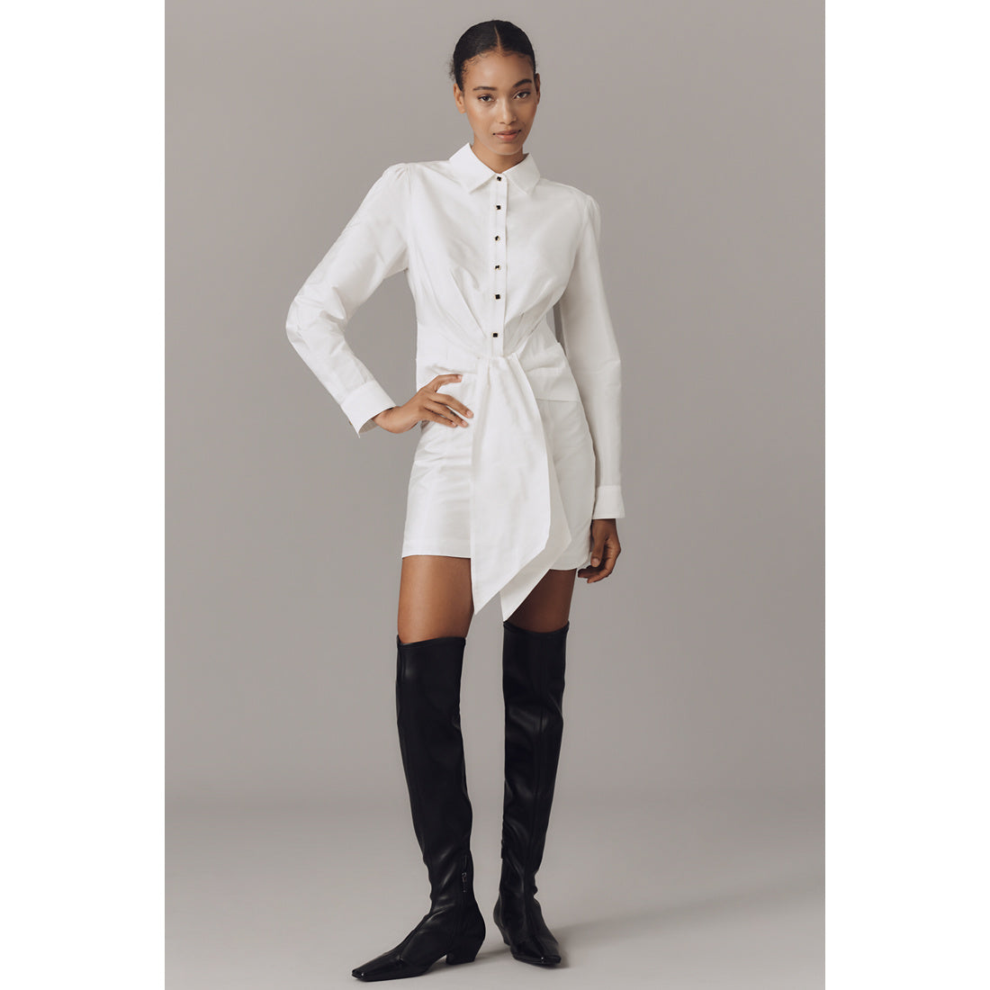 Long-Sleeve Tie-Front Mini Shirt Dress by Anthropologie