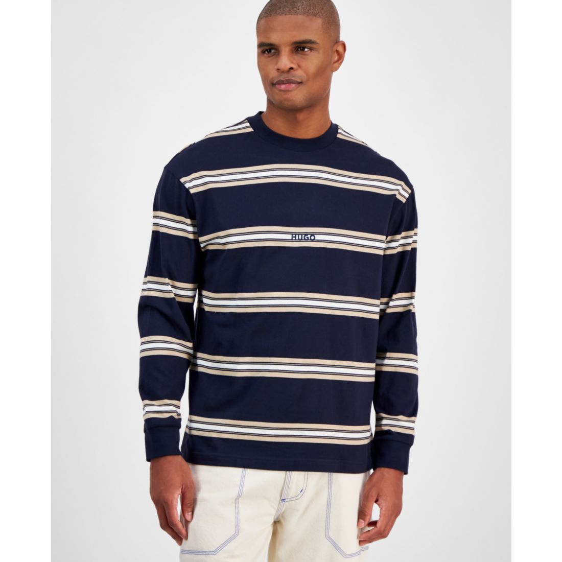Hugo by Hugo Boss Men's Nistriplo Relaxed Fit Striped Long Sleeve Crewneck T-Shirt