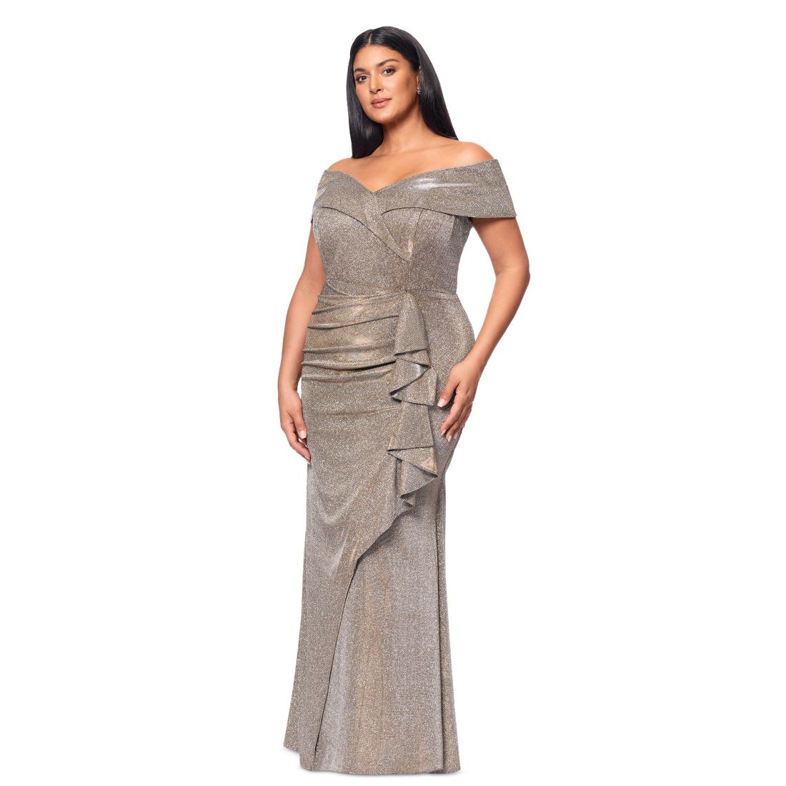 Xscape Plus Size Sweetheart-Neck Off-The-Shoulder Metallic Gown