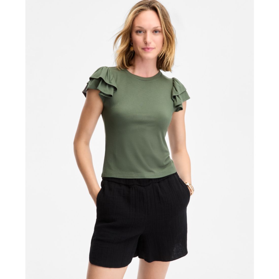 On 34th Women's Flutter-Sleeve Ribbed Top, Created for Macy's