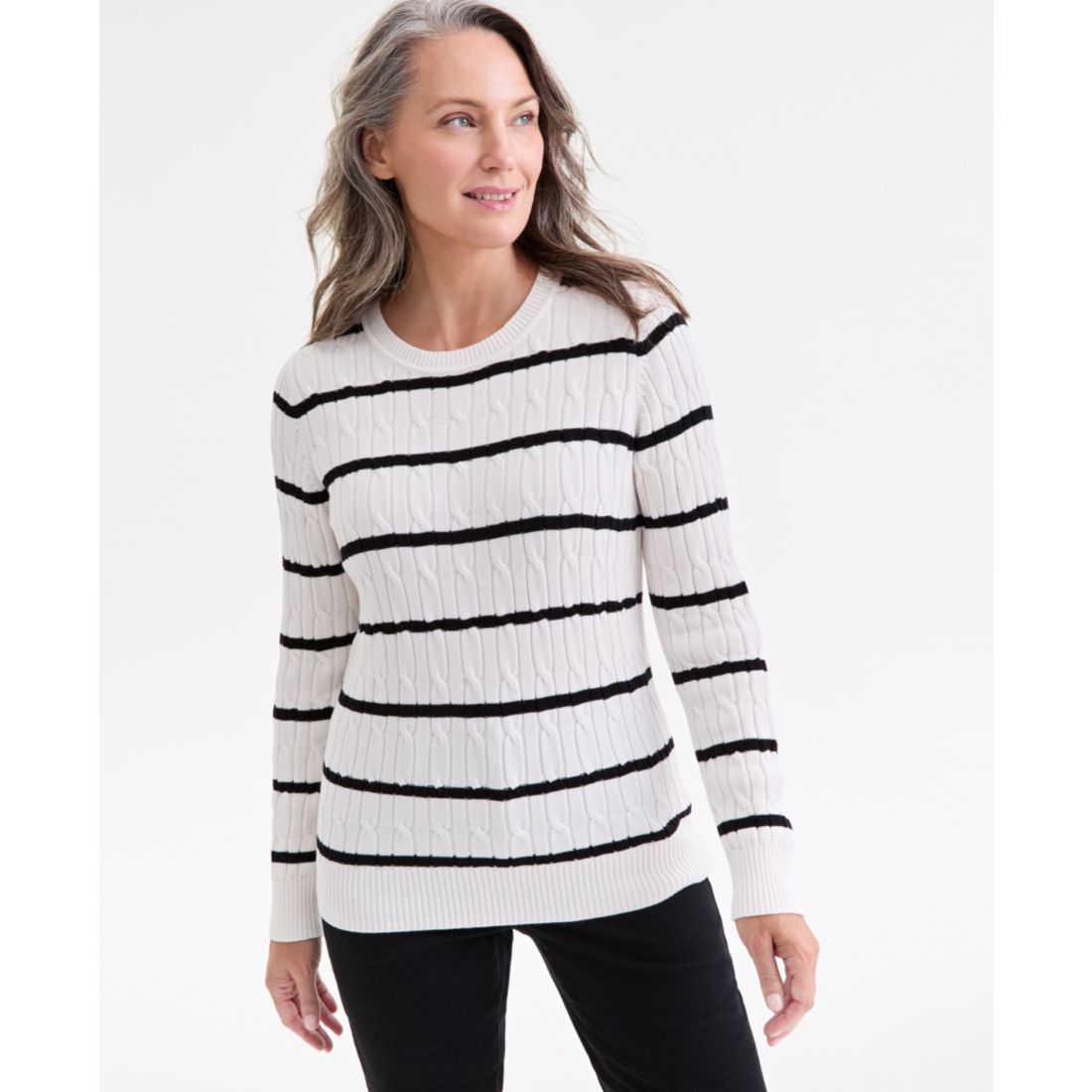 Style & Co Women's Cotton Cable-Knit Crewneck Sweater, Created for Macy's