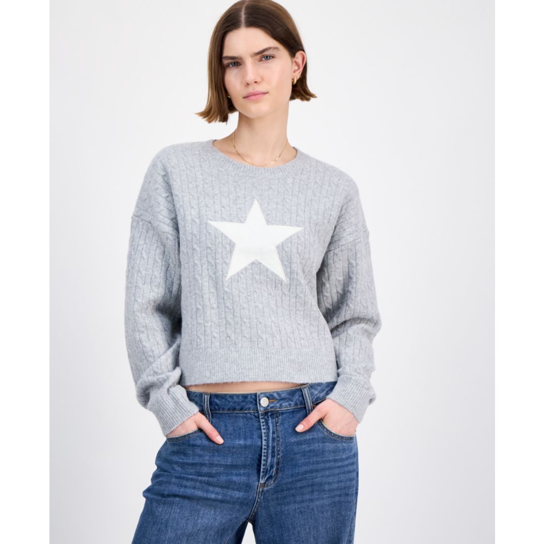 Hippie Rose Juniors' Cable-Knit Varsity Sweater