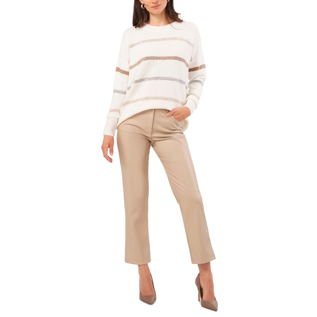 Vince Camuto Women's Cozy Crewneck Sequin-Stripe Long-Sleeve Sweater