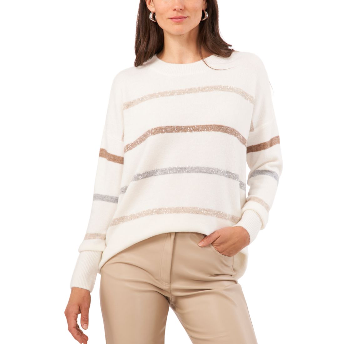 Vince Camuto Women's Cozy Crewneck Sequin-Stripe Long-Sleeve Sweater