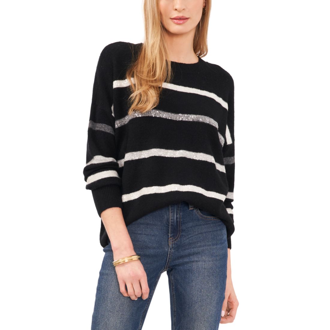 Vince Camuto Women's Cozy Crewneck Sequin-Stripe Long-Sleeve Sweater
