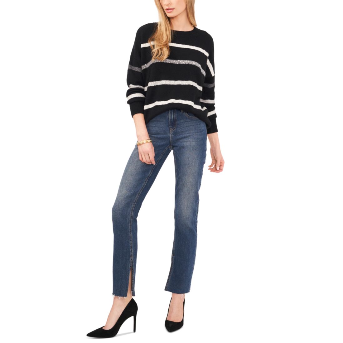 Vince Camuto Women's Cozy Crewneck Sequin-Stripe Long-Sleeve Sweater