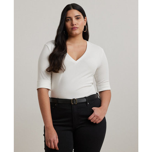 Lauren Ralph Lauren Plus Size Stretch Cotton Elbow-Sleeve V-Neck Tee