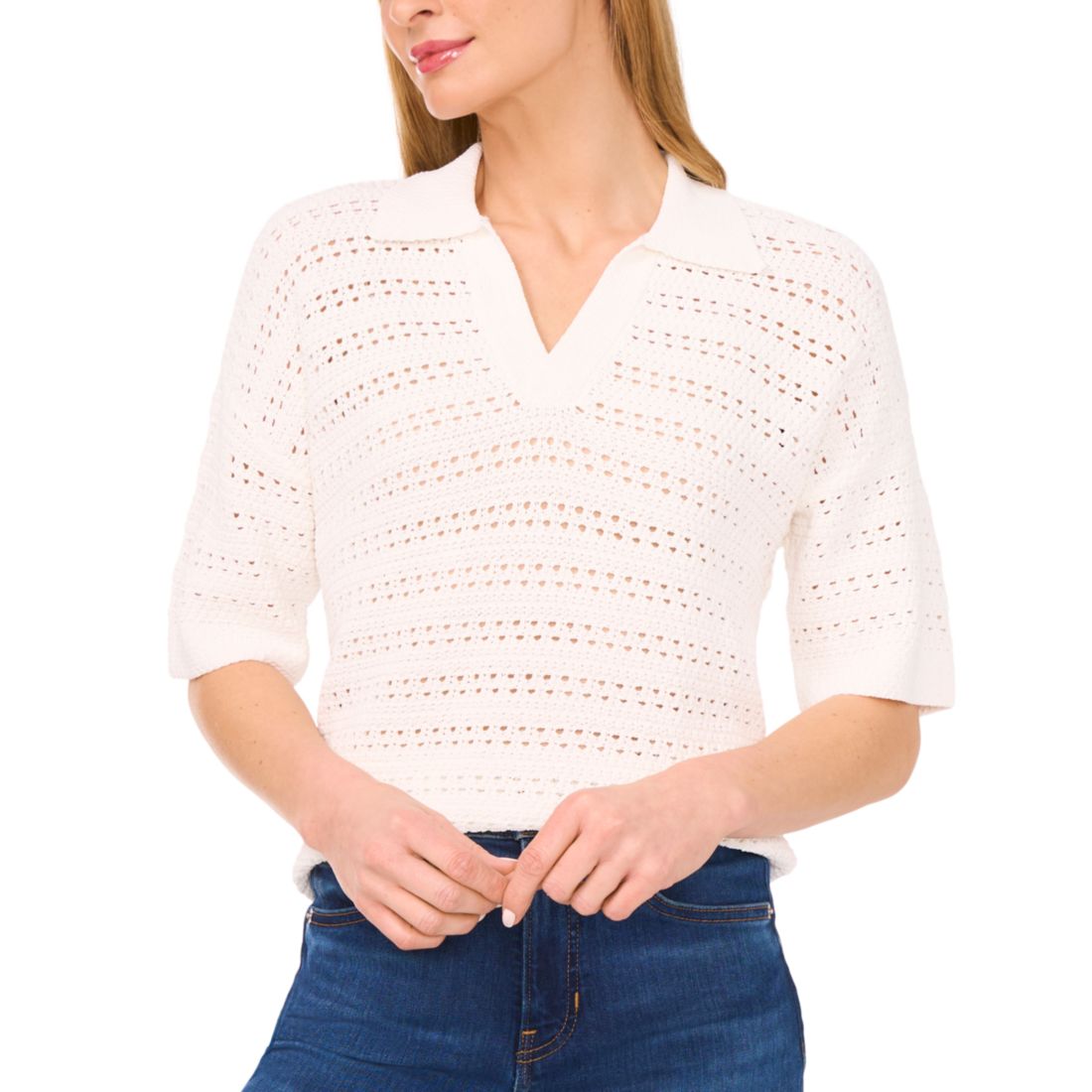 CeCe Women's Open-Knit Short-Sleeve Polo Sweater
