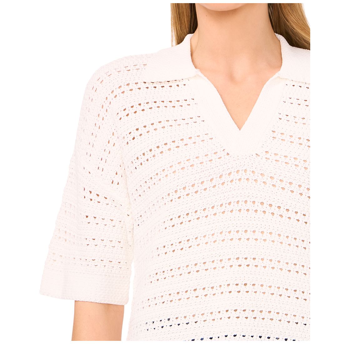 CeCe Women's Open-Knit Short-Sleeve Polo Sweater