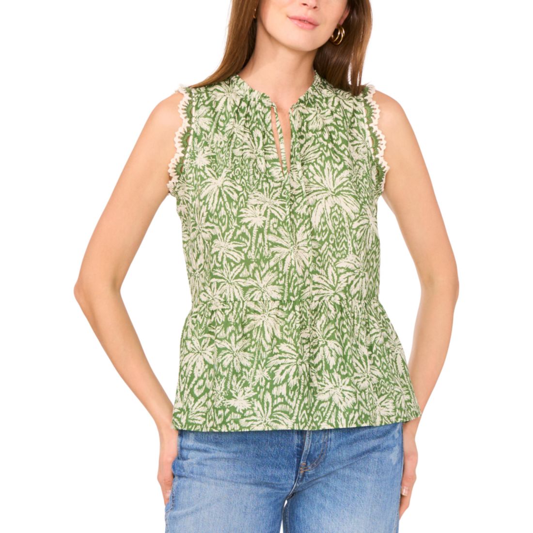 Vince Camuto Women's Peplum-Hem Floral-Print Crocheted-Trim Top