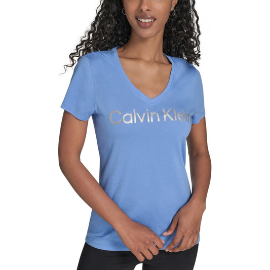Calvin Klein Performance Women's Glitter Logo V-Neck T-Shirt - Blue Twilight / Silver