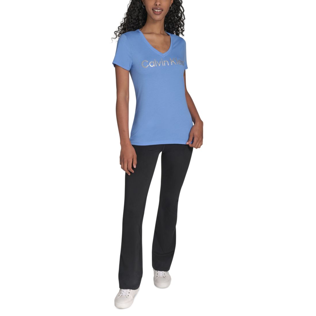 Calvin Klein Performance Women's Glitter Logo V-Neck T-Shirt - Blue Twilight / Silver