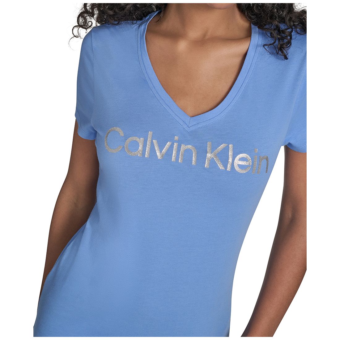 Calvin Klein Performance Women's Glitter Logo V-Neck T-Shirt - Blue Twilight / Silver