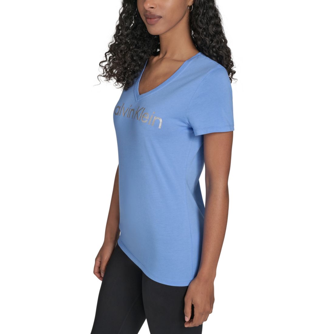 Calvin Klein Performance Women's Glitter Logo V-Neck T-Shirt - Blue Twilight / Silver