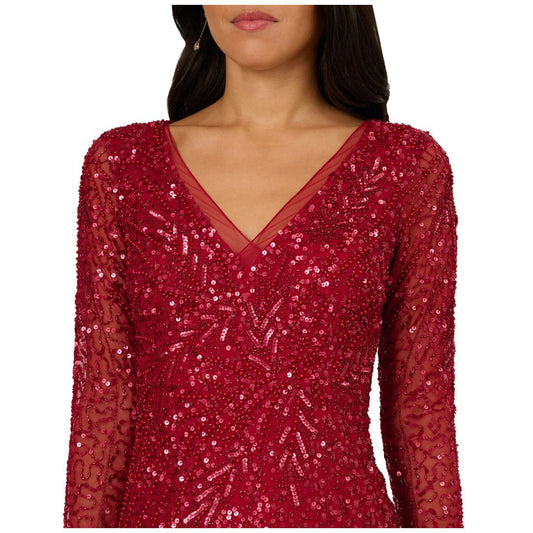 Adrianna Papell Women's Long-Sleeve Beaded Full-Length Gown