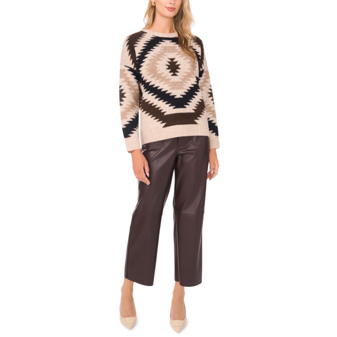 Vince Camuto Women's Aztec Pattern Crewneck Sweater