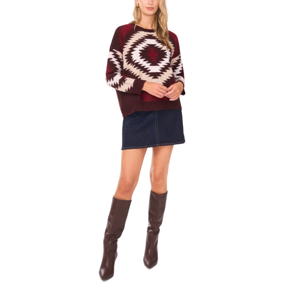 Vince Camuto Women's Aztec Pattern Crewneck Sweater