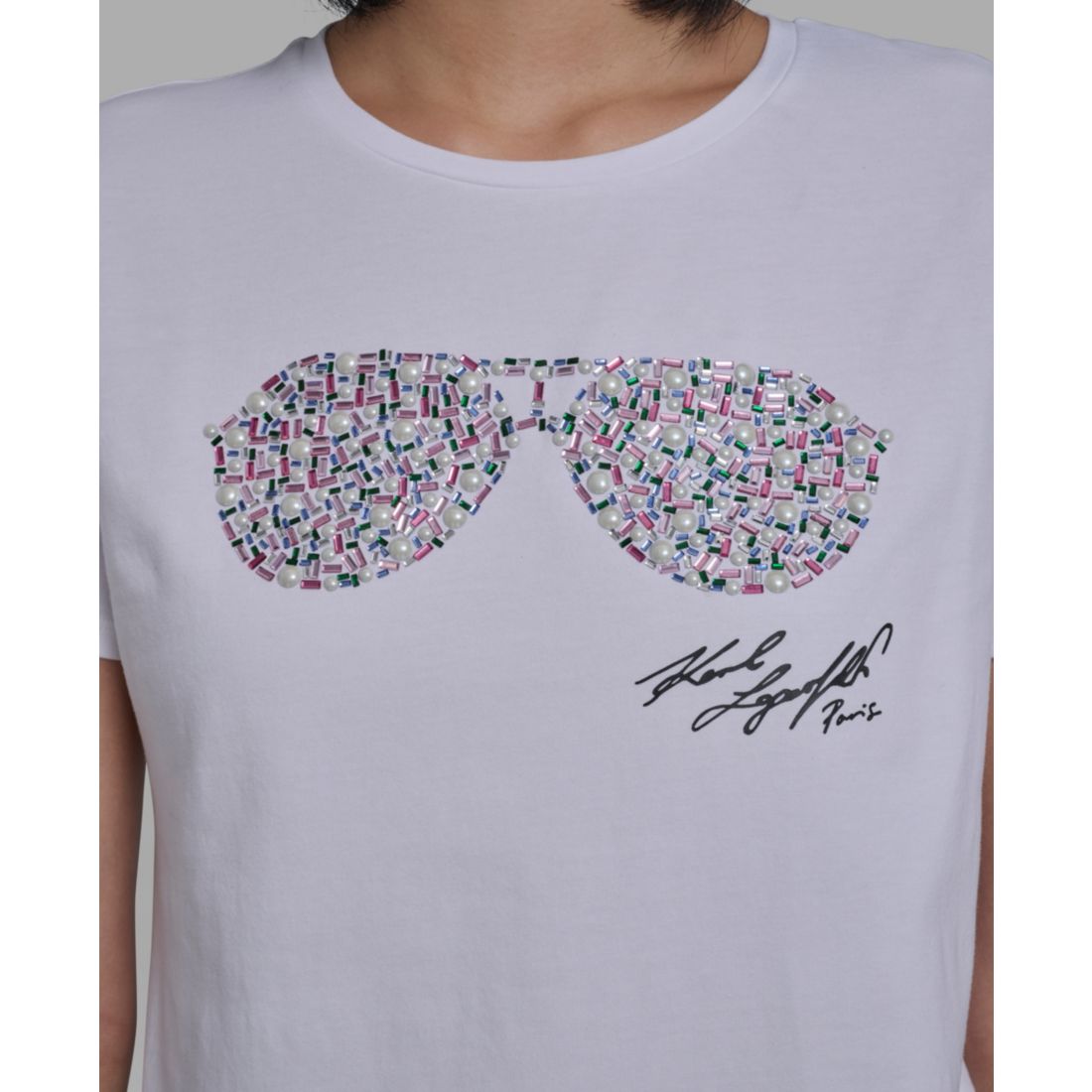 Karl Lagerfeld Paris Women's Crewneck Multi Jeweled Sunglass T-Shirt