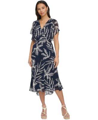 Women's Printed Chiffon Flutter-Sleeve Midi Dress