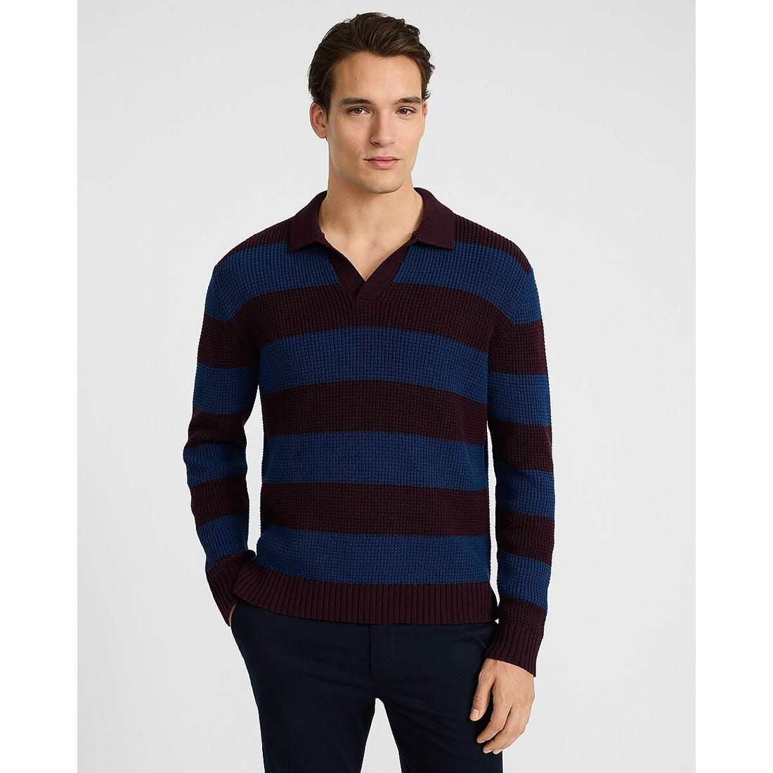 Striped Waffle Knit Cotton Johnny Collar Sweater