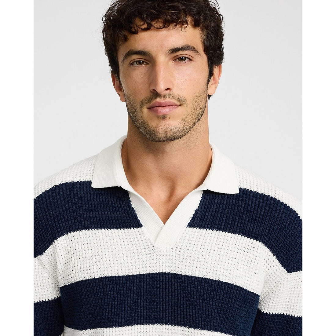 Striped Waffle Knit Cotton Johnny Collar Sweater