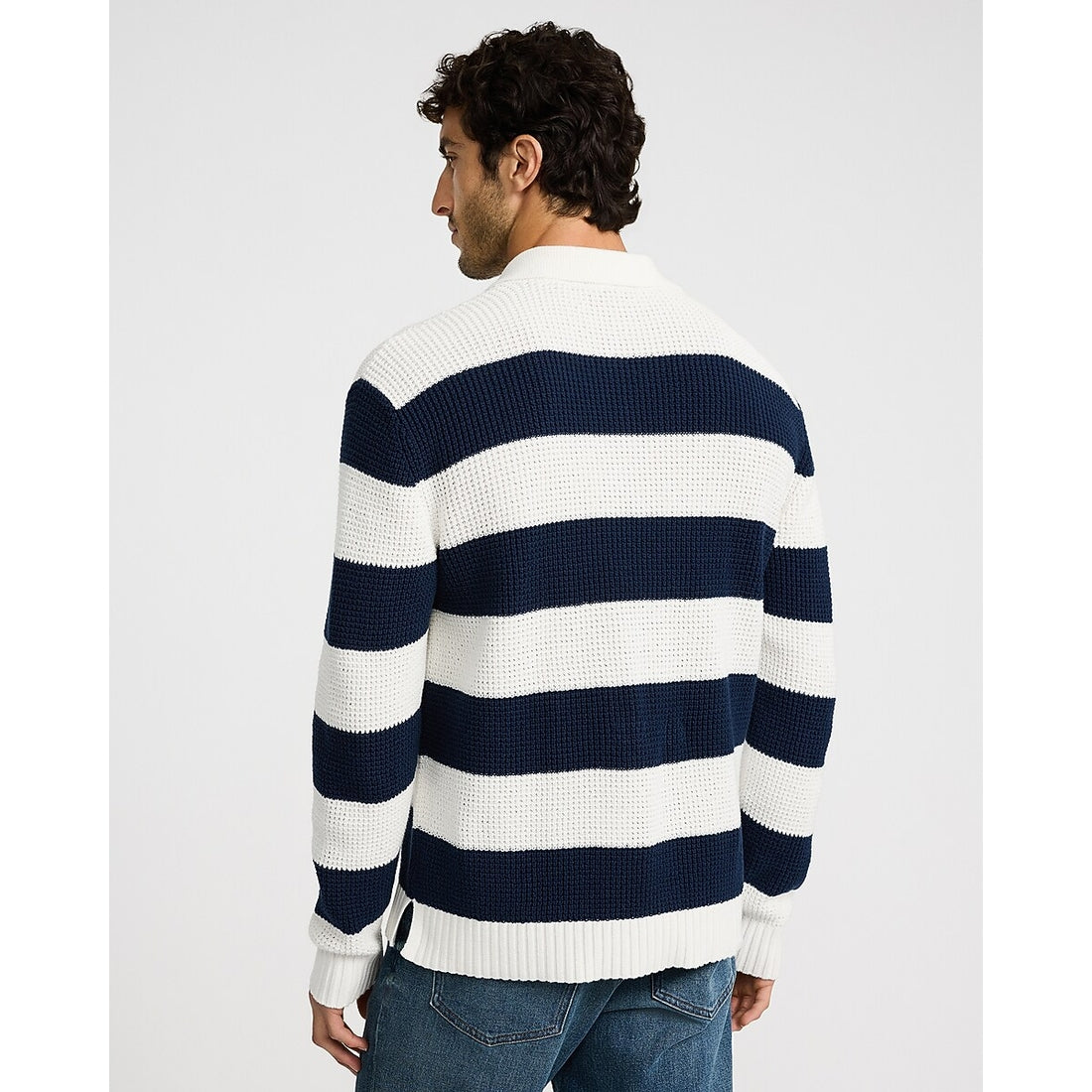 Striped Waffle Knit Cotton Johnny Collar Sweater