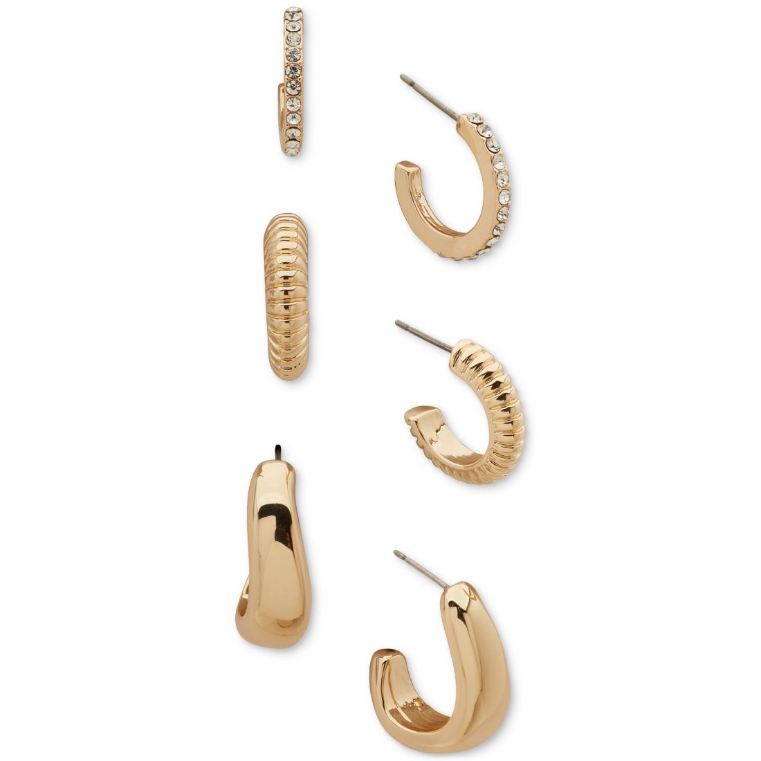 Anne Klein Gold-Tone 3-Pc. Set Crystal, Textured, & Puffy Small Hoop Earrings