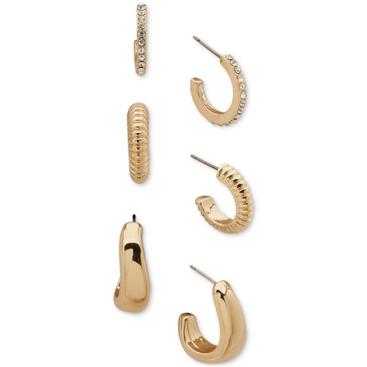 Anne Klein Gold-Tone 3-Pc. Set Crystal, Textured, & Puffy Small Hoop Earrings