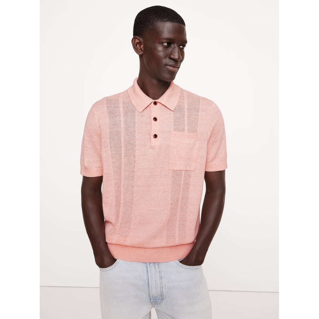 Men's Linen-Cotton Ribbed Sweater Polo Shirt