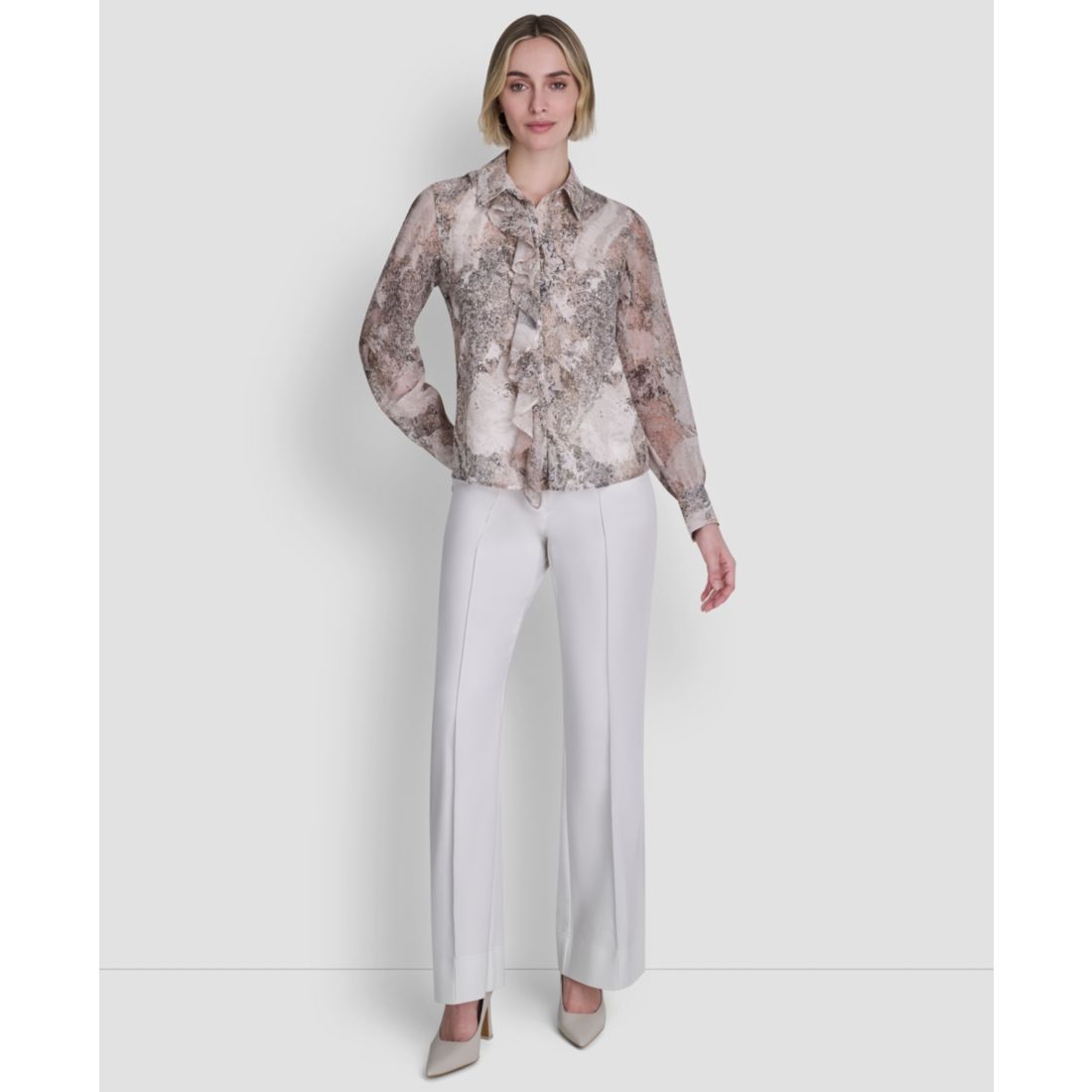 Dkny Women's Printed Ruffle Front Long-Sleeve Collared Blouse - Coconut / Travertine Multi
