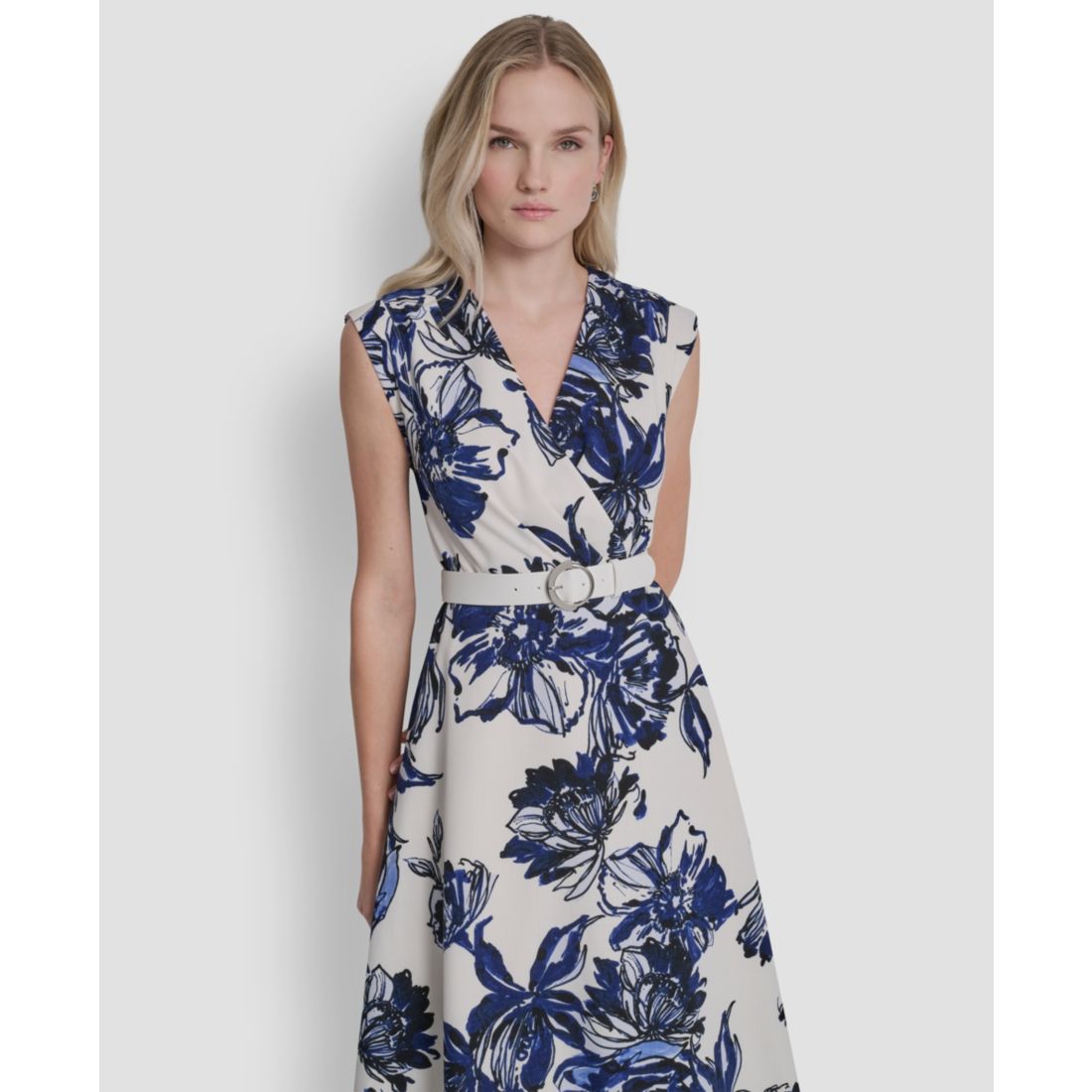 Dkny Women's Cap Sleeve Surplice Neck Belted Midi Dress