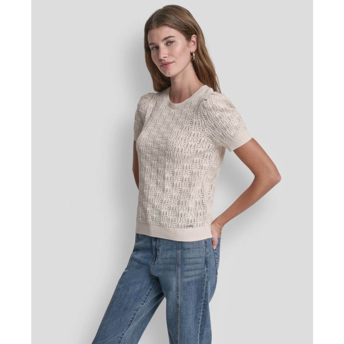 Dkny Jeans Petite Short-Sleeve Lace Pointelle Stitch Sweater