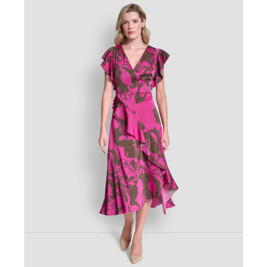 Dkny Women's Cap-Sleeve Surplice Neck Ruffle Midi Dress