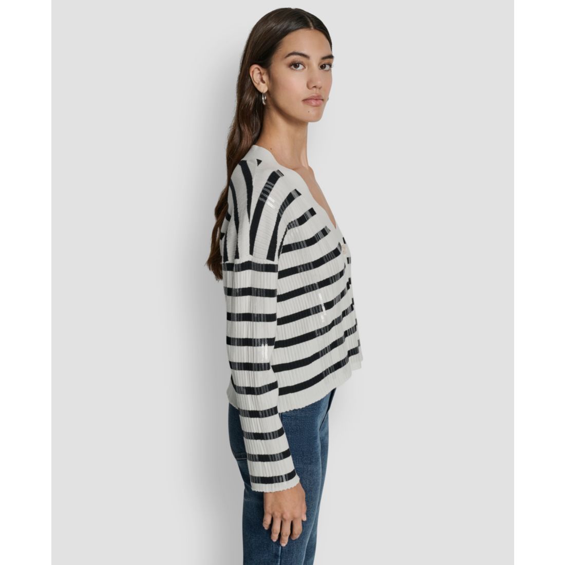 Dkny Jeans Women's Striped Cropped Long-Sleeve Cardigan Sweater