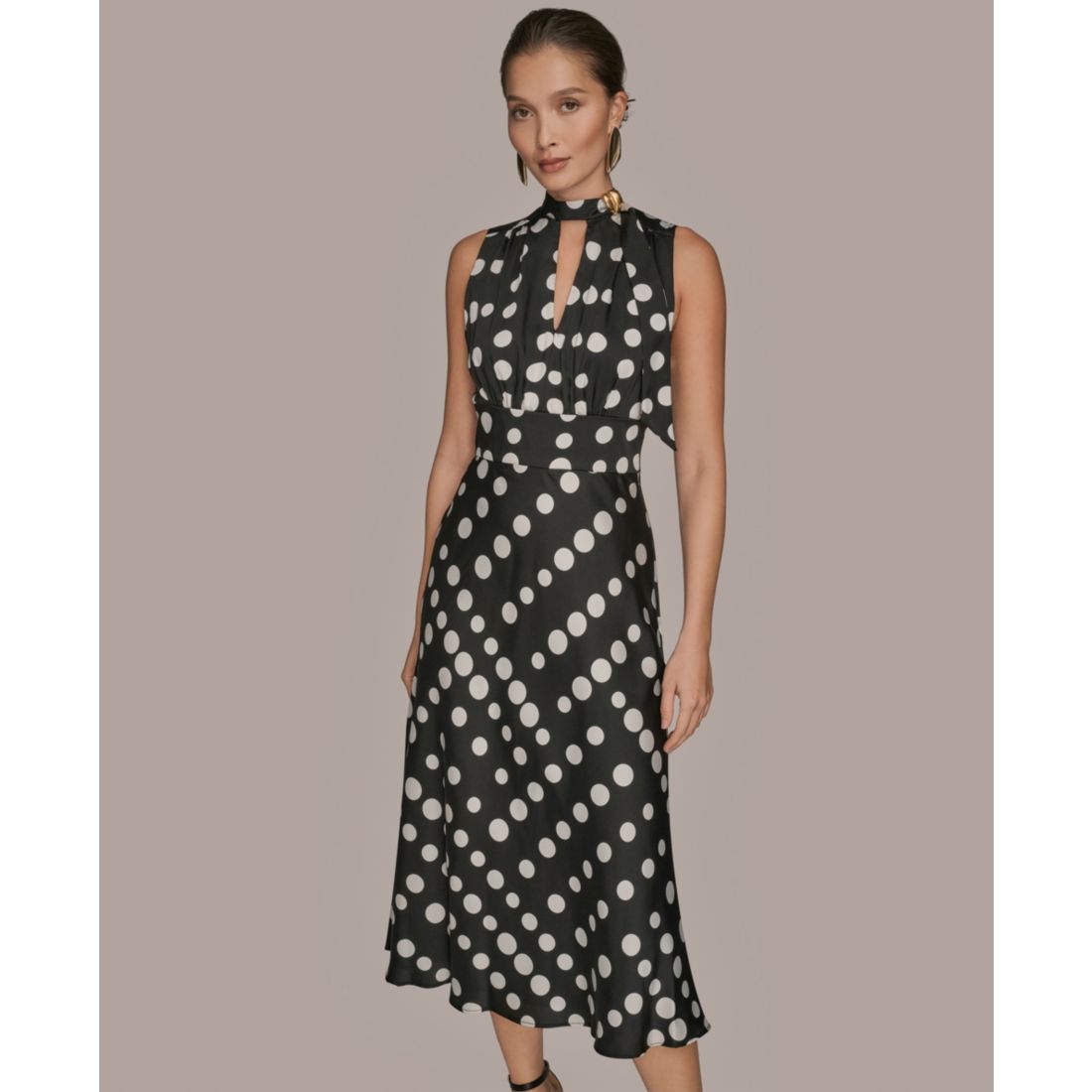 Donna Karan New York Women's Dot-Print Tie-Neck A-Line Dress
