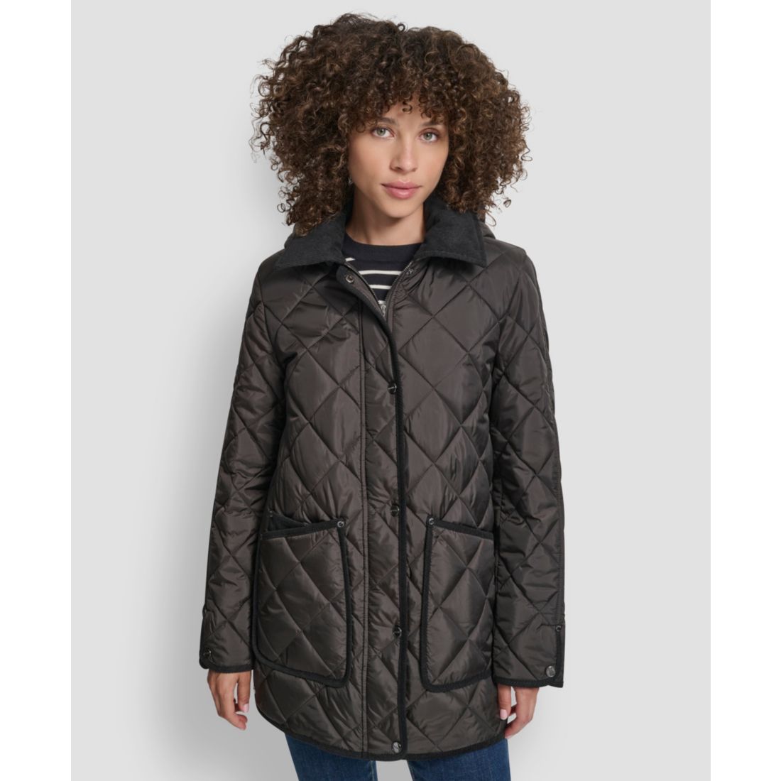 Dkny Women's Corduroy Collar Hooded Quilted Coat