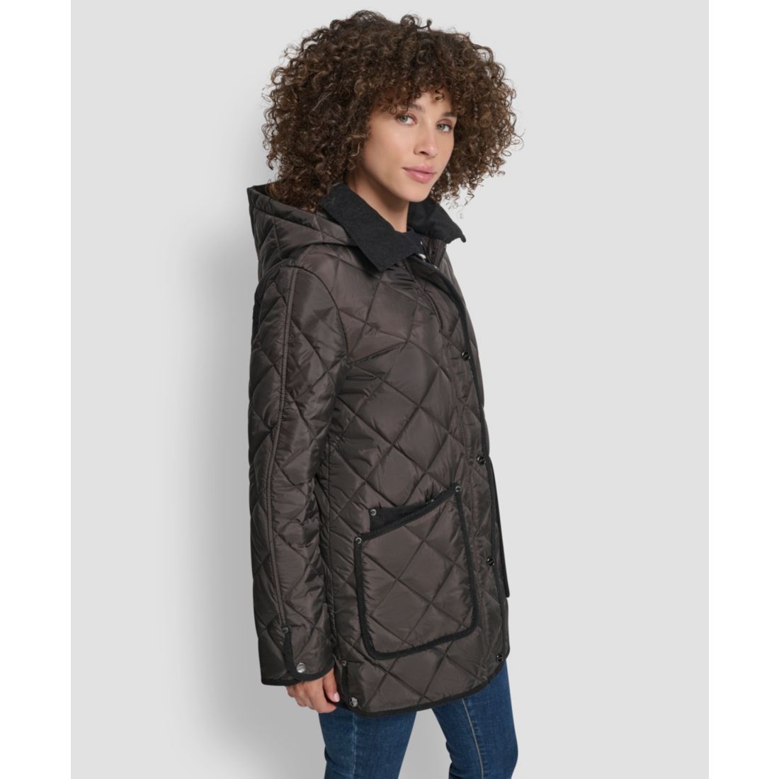 Dkny Women's Corduroy Collar Hooded Quilted Coat