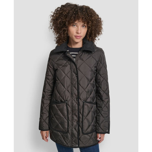 Dkny Women's Corduroy Collar Hooded Quilted Coat