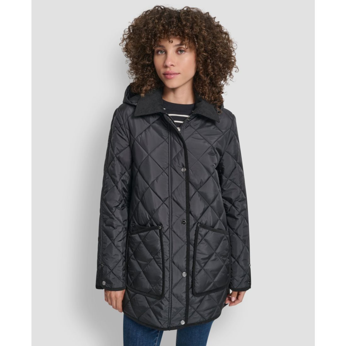 Dkny Women's Corduroy Collar Hooded Quilted Coat