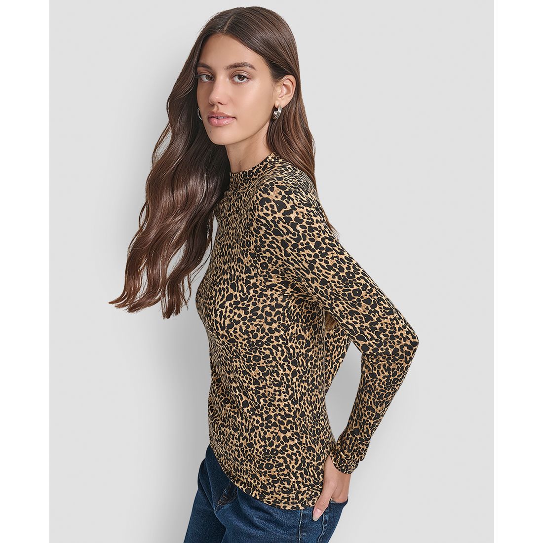 Dkny Jeans Women's Side Ruched High Neck Long Sleeve Top With Rhinestud Logo