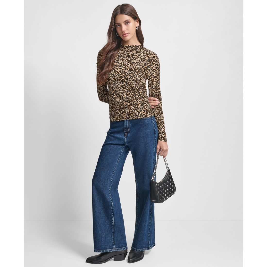 Dkny Jeans Women's Side Ruched High Neck Long Sleeve Top With Rhinestud Logo