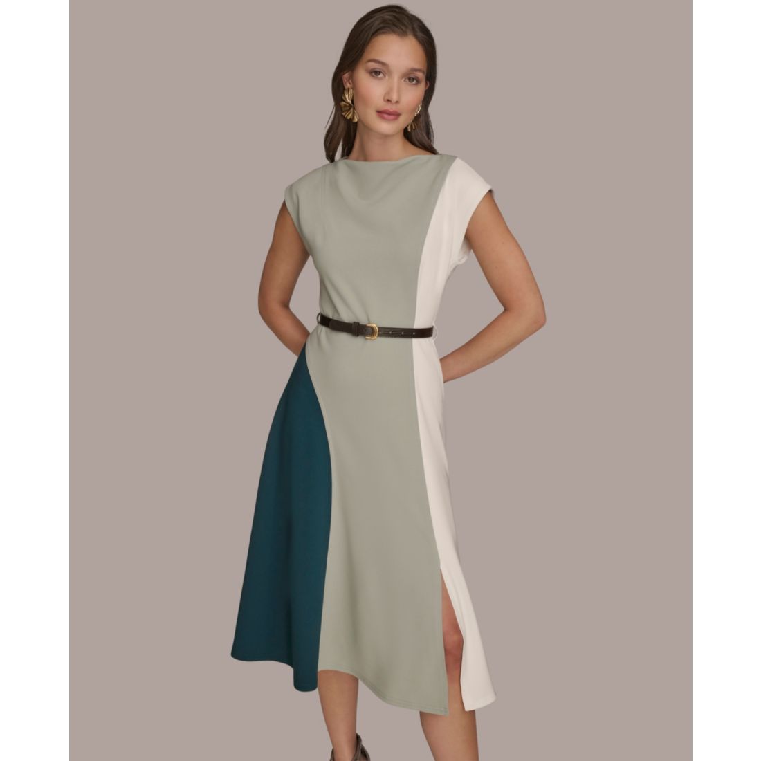 Women's Cap-Sleeve Colorblock Midi Dress - Hudson/ Weathered Sage/ Cream