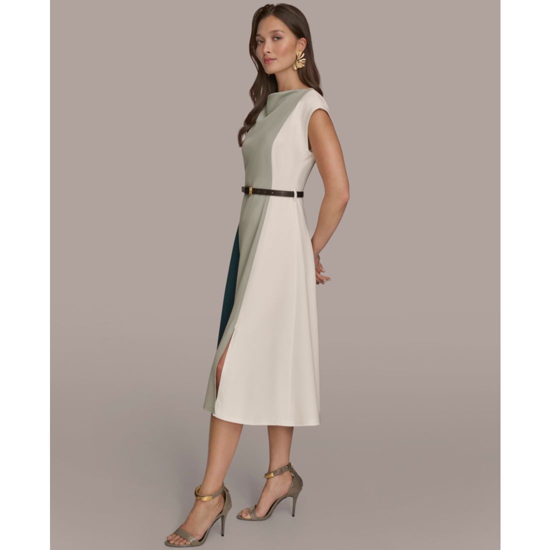 Women's Cap-Sleeve Colorblock Midi Dress - Hudson/ Weathered Sage/ Cream
