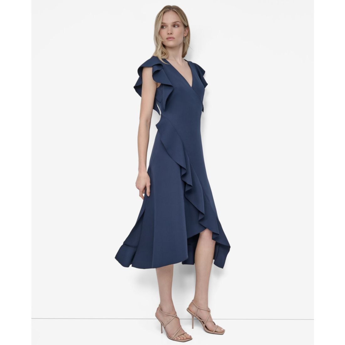 Dkny Women's Ruffle Sleeve V Neck Midi Dress